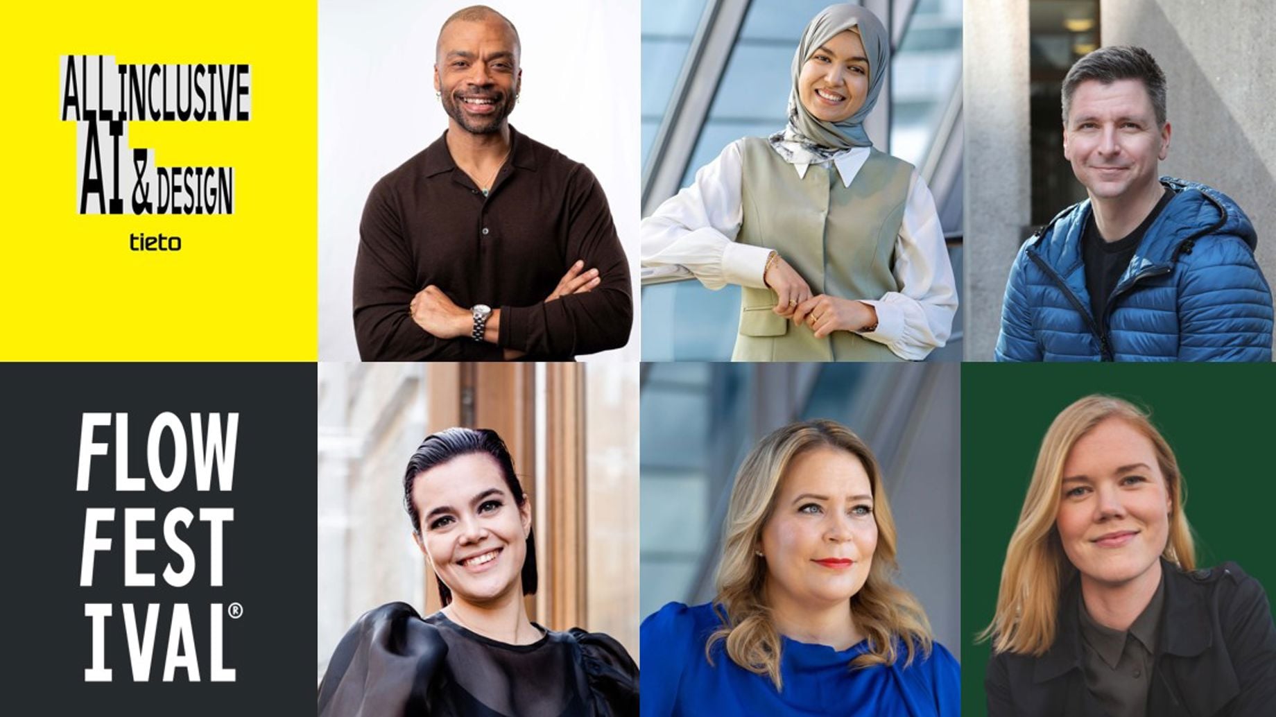 Promotional graphic for Tieto's Flow Talks session "All Inclusive AI & Design" at Flow Festival. The image features the event title alongside the Flow Festival logo and portrait photographs of six speakers arranged in a grid.